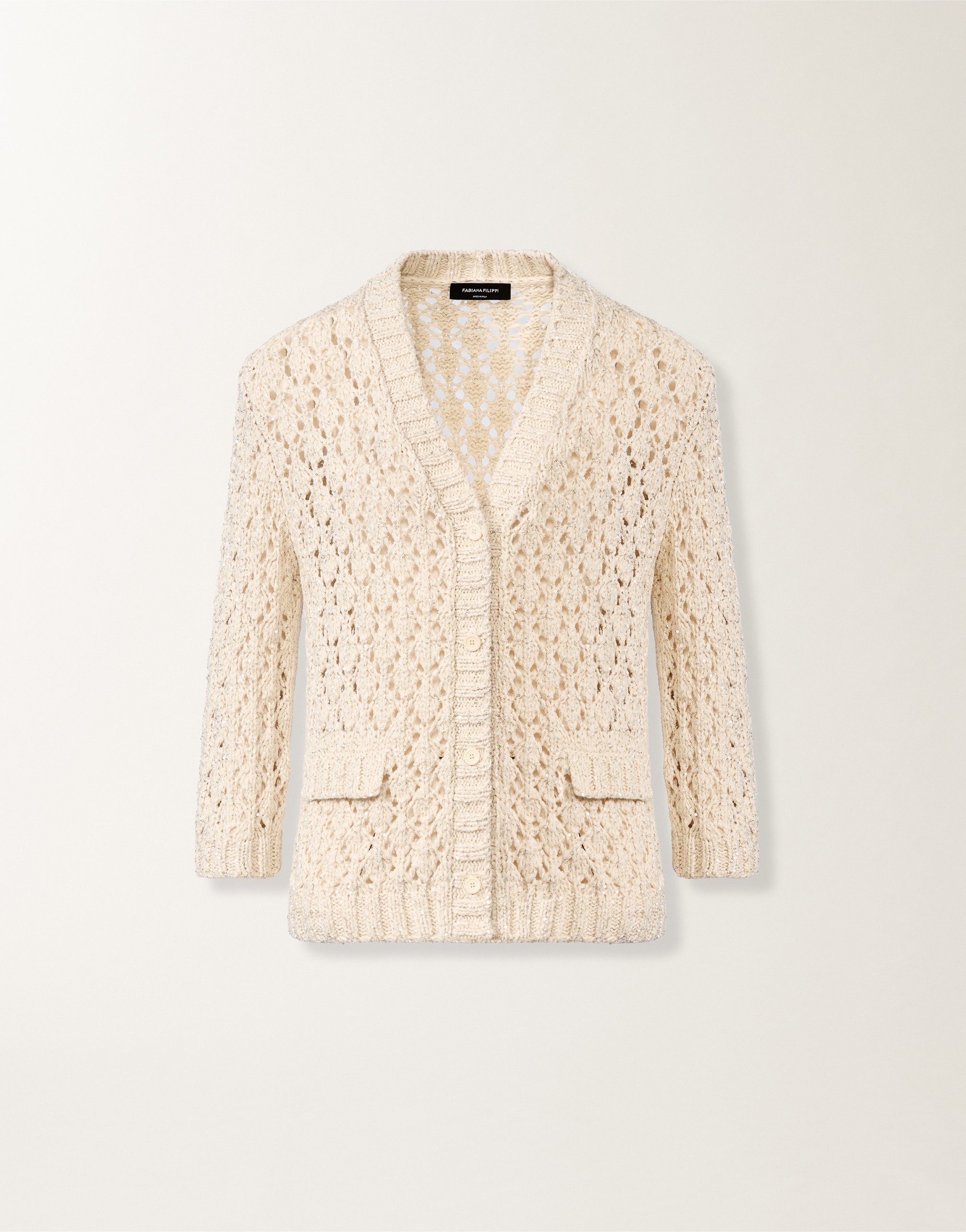 Cotton tape cardigan with sequins, in cream