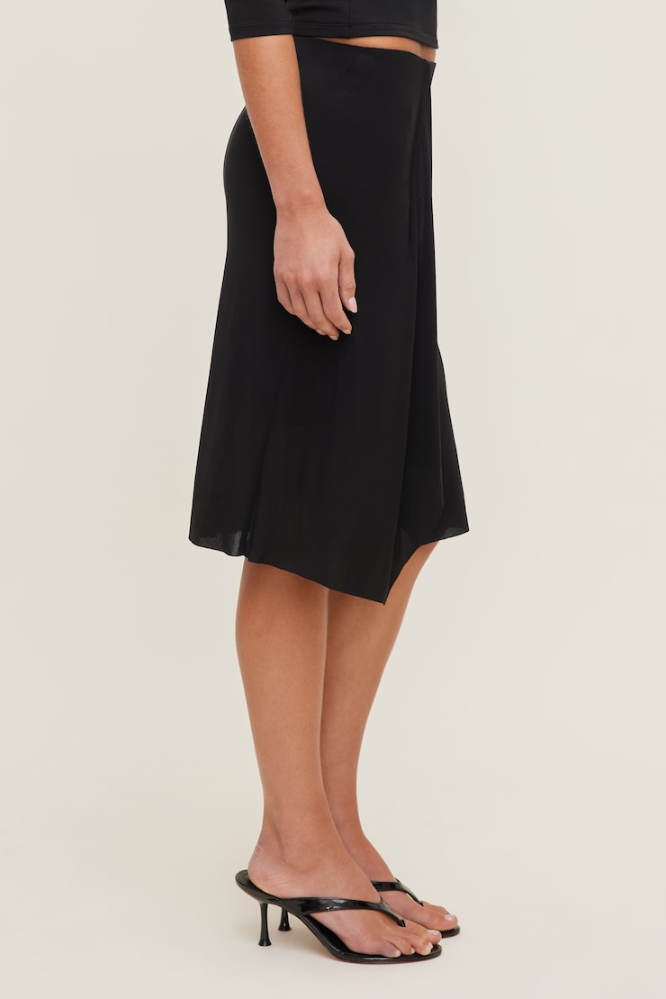 Asymmetric Draped Midi Skirt - Black - Women Clothing