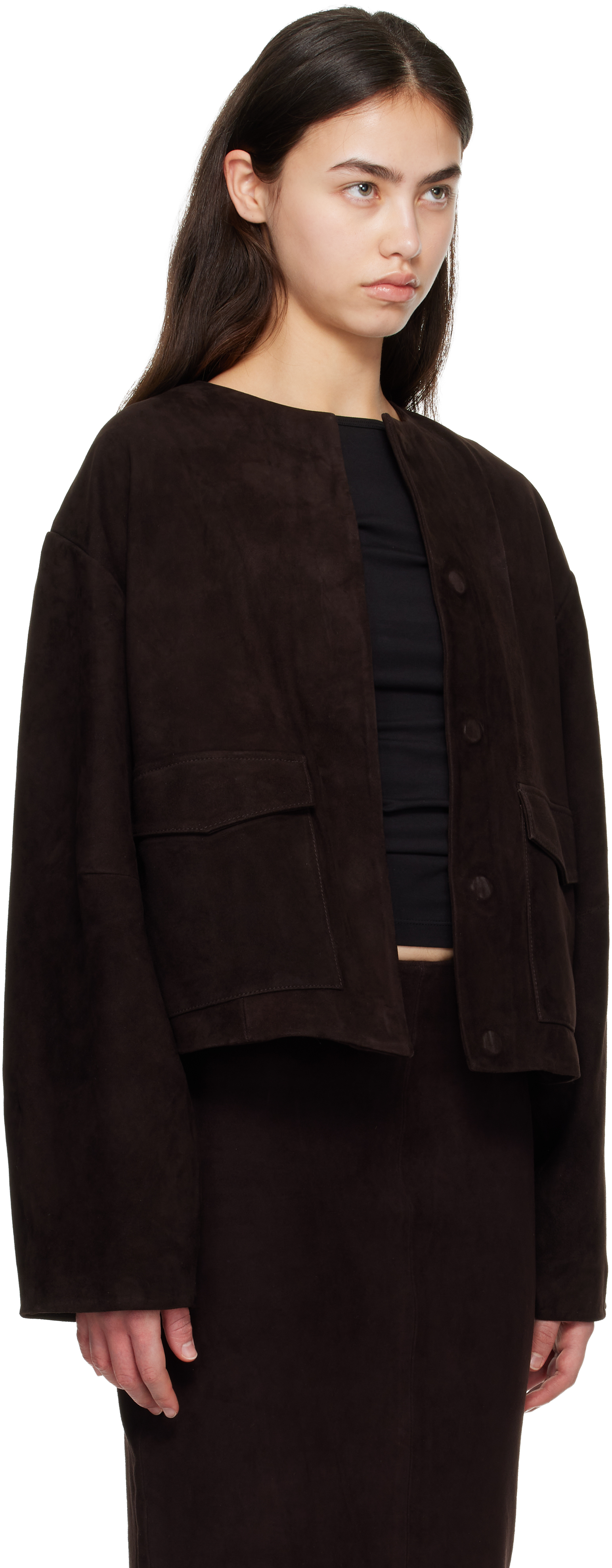 Brown Suede Utility Cocoon Bomber Jacket