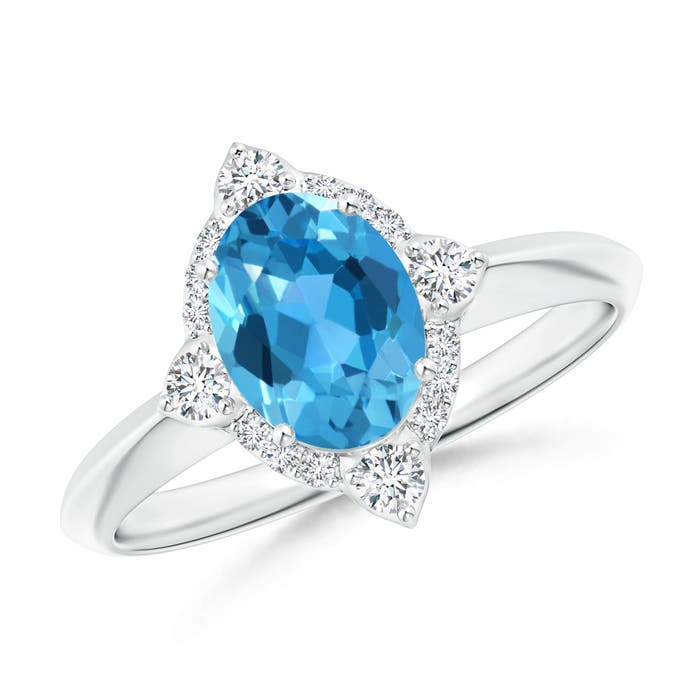 Angara 1.5 Carats Oval Swiss Blue Topaz Compass Ring with Diamond Halo in Platinum