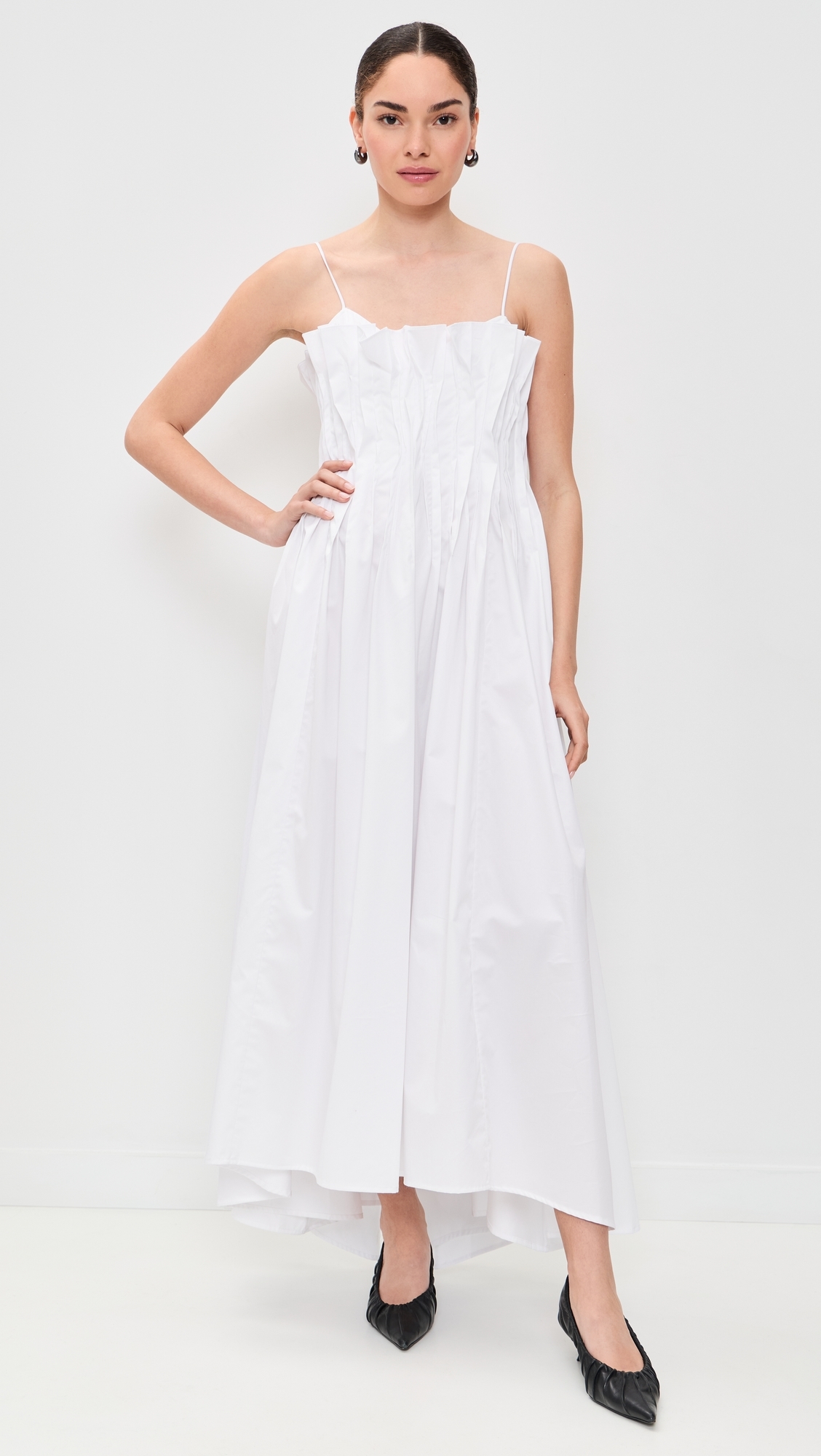 Cinched Pleated Midi Dress White