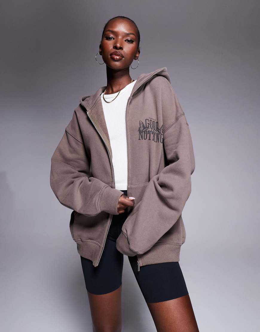 Good For Nothing Oversized zip through hoodie in taupe-Neutral
