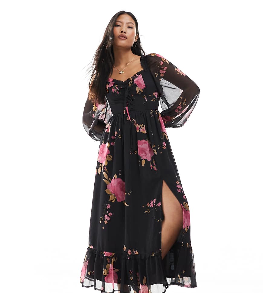 Miss Selfridge Petite long sleeve corset detail maxi dress in rose print-Multi