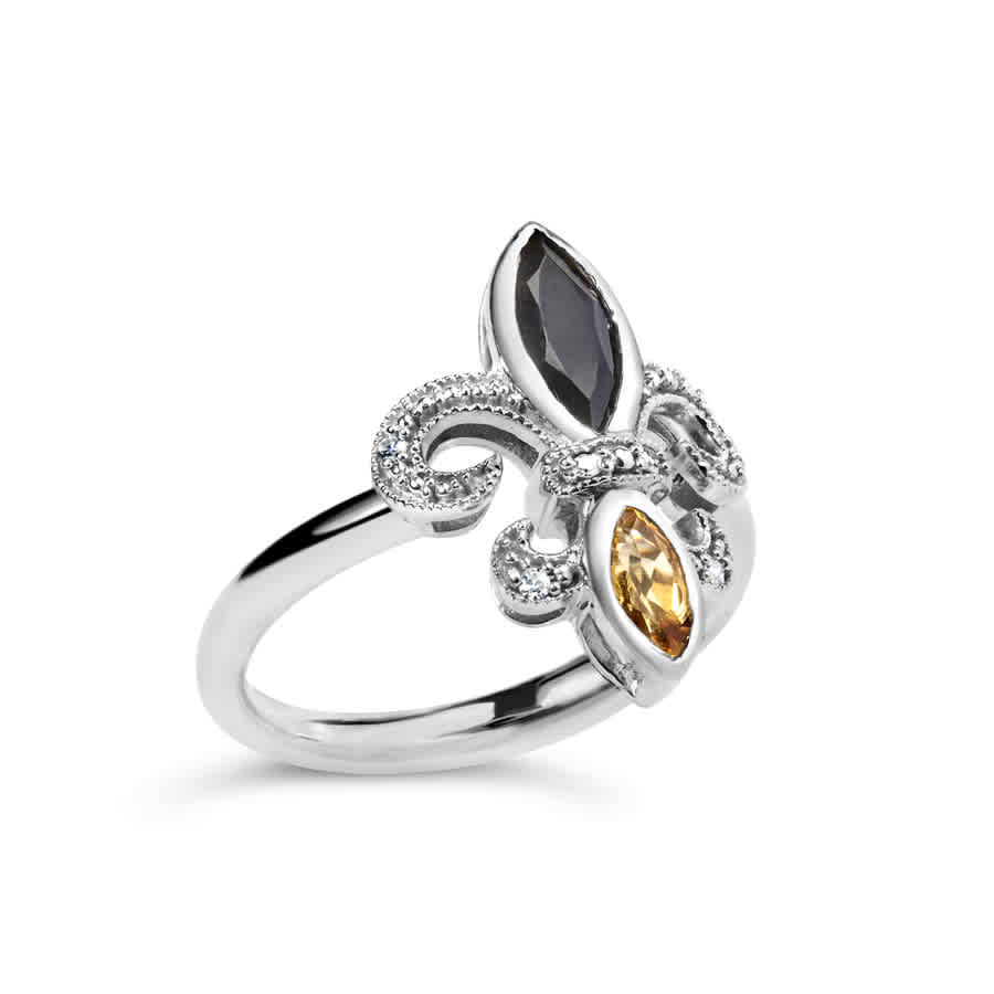 .925 Sterling Silver Black Onyx Yellow Citrine Marquise & Diamond Accent Fleur De Lis Ring- Size 6.5