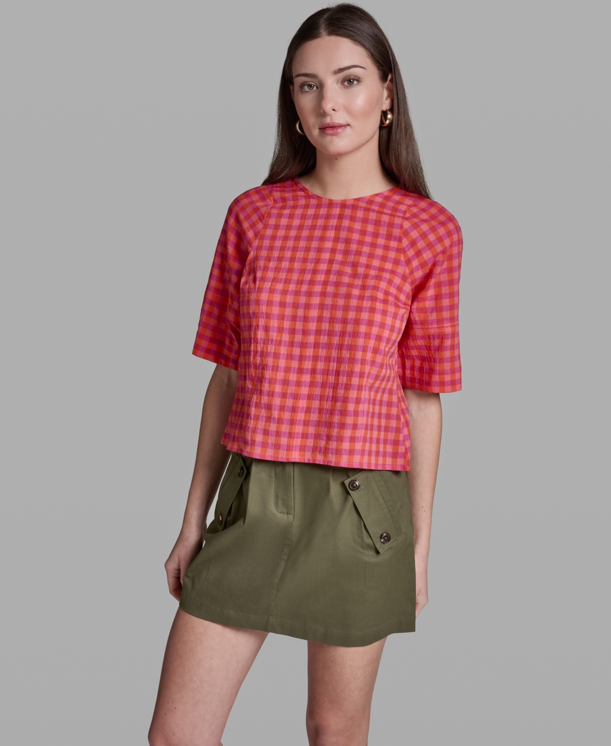 Women's Elbow-Sleeve Crinkle Stripe Top - Orange/Rose