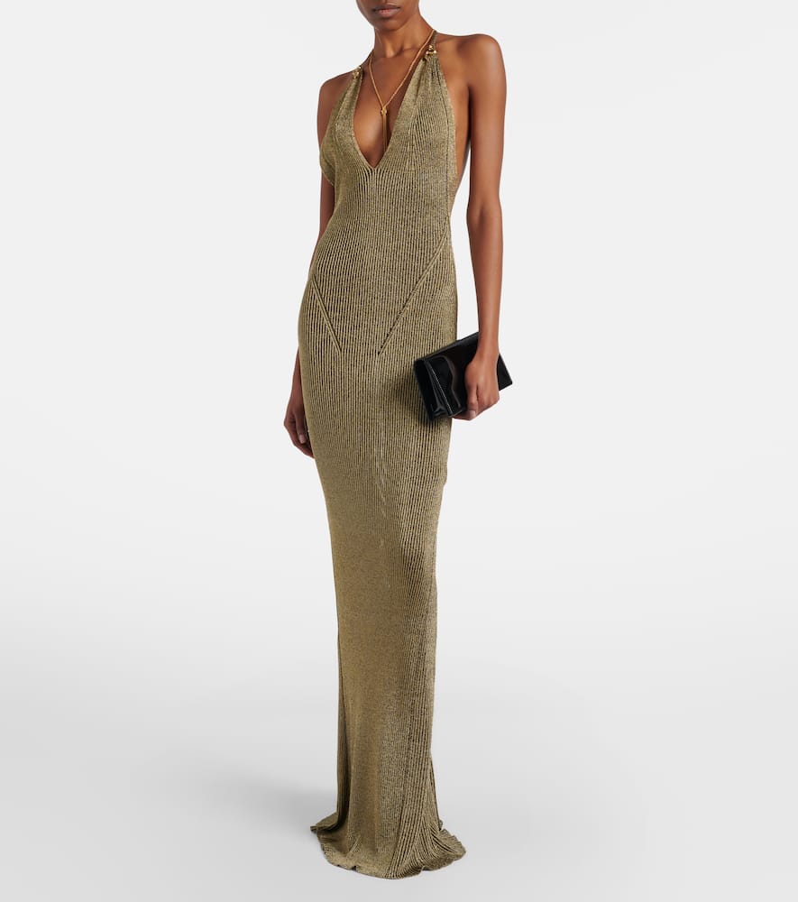 Ribbed-knit lamé maxi dress