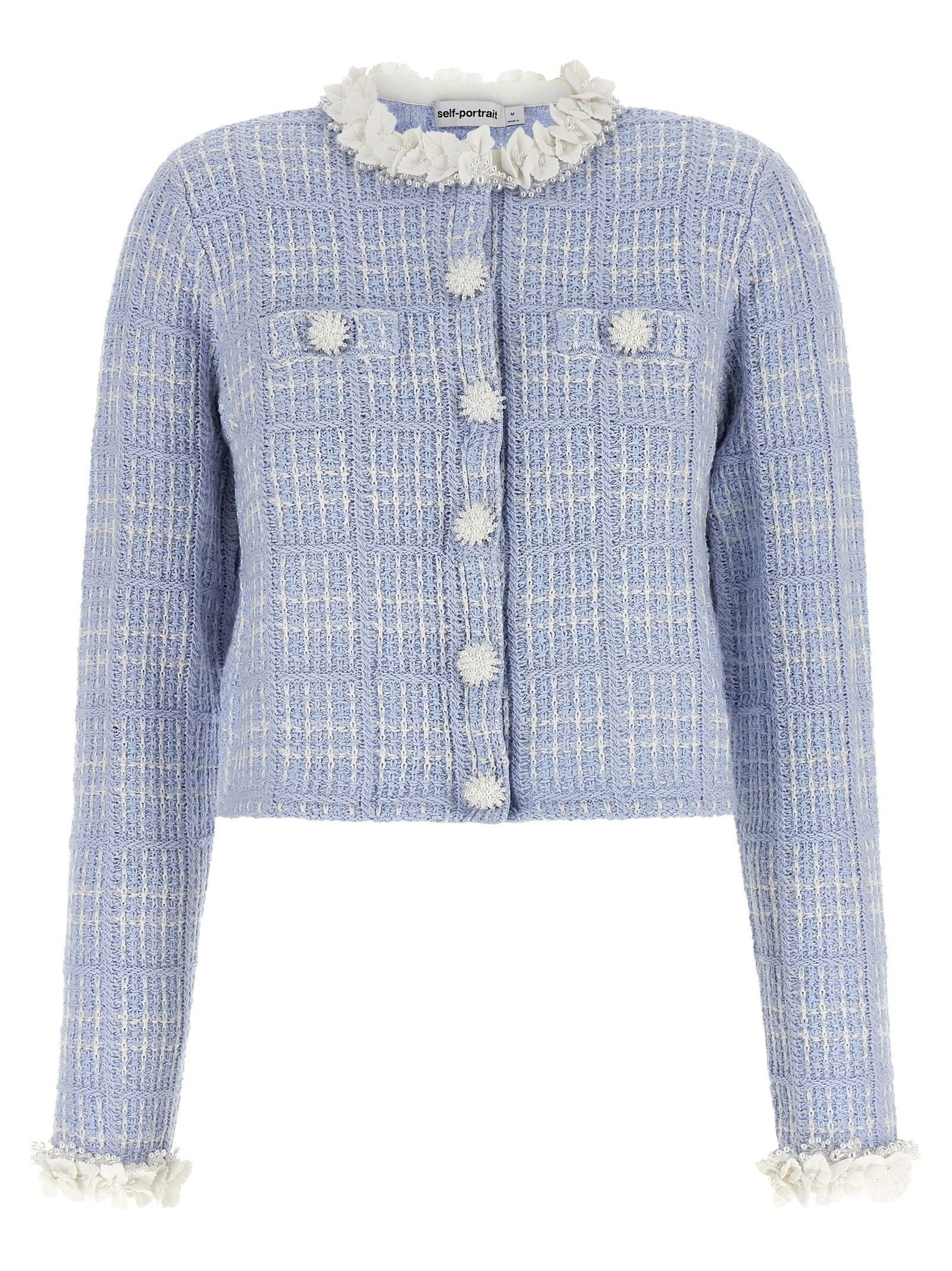 Check Knit with 3D Floral Trim Jacket — lavender