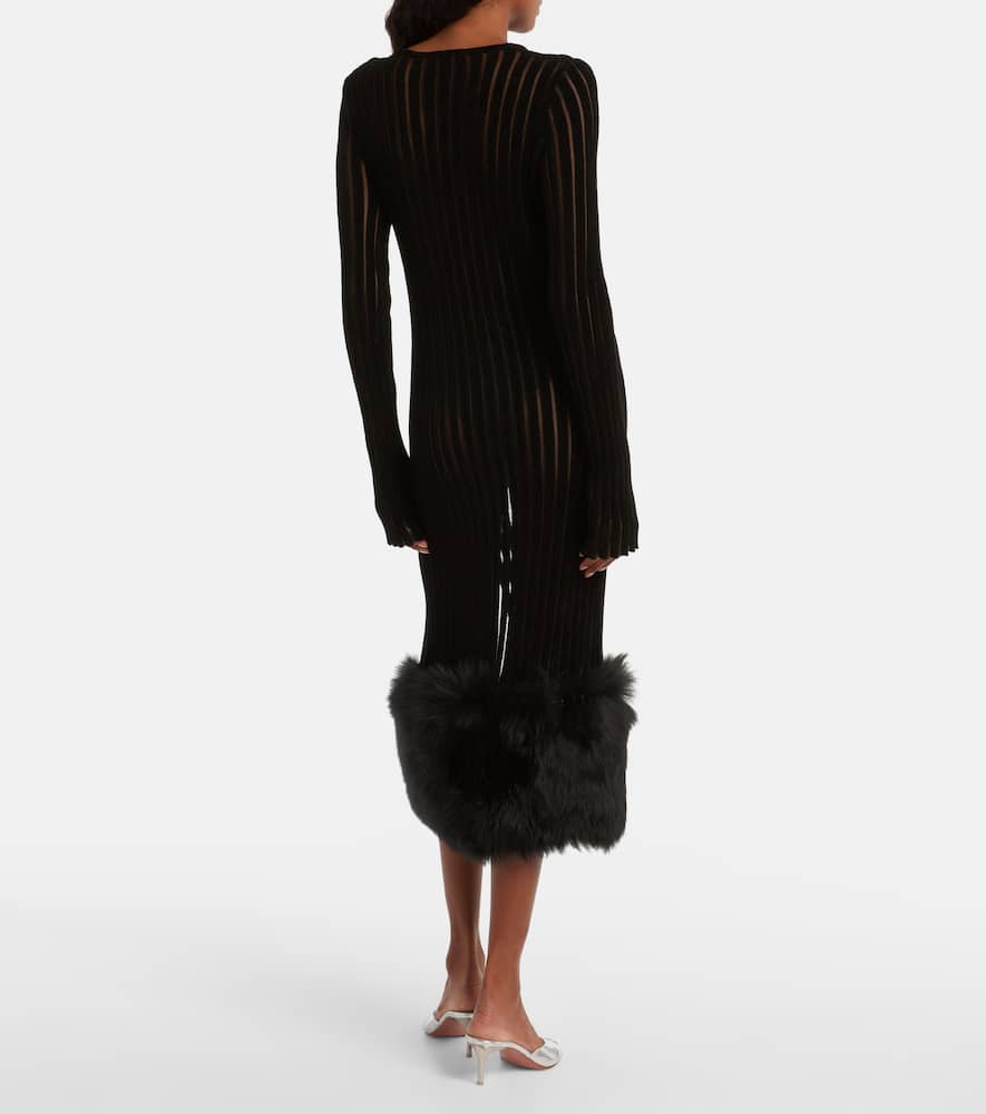 Knit faux fur-trimmed midi dress