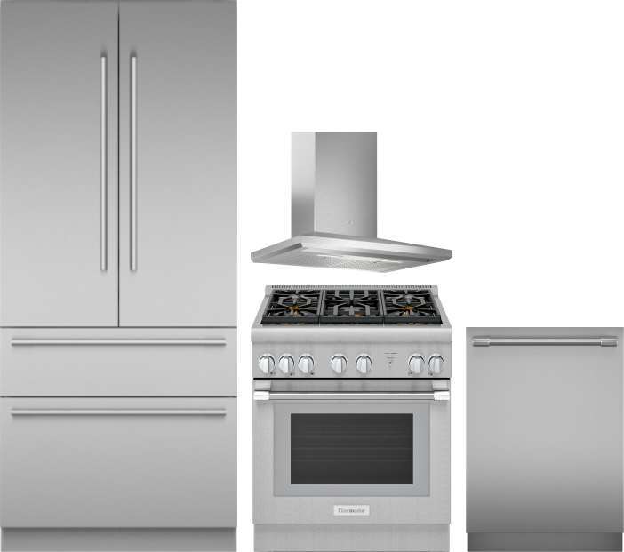 Thermador 4 Piece Kitchen Appliances Package with French Door Refrigerator, Gas Range and Dishwasher in Stainless Steel THRERADWRH1365