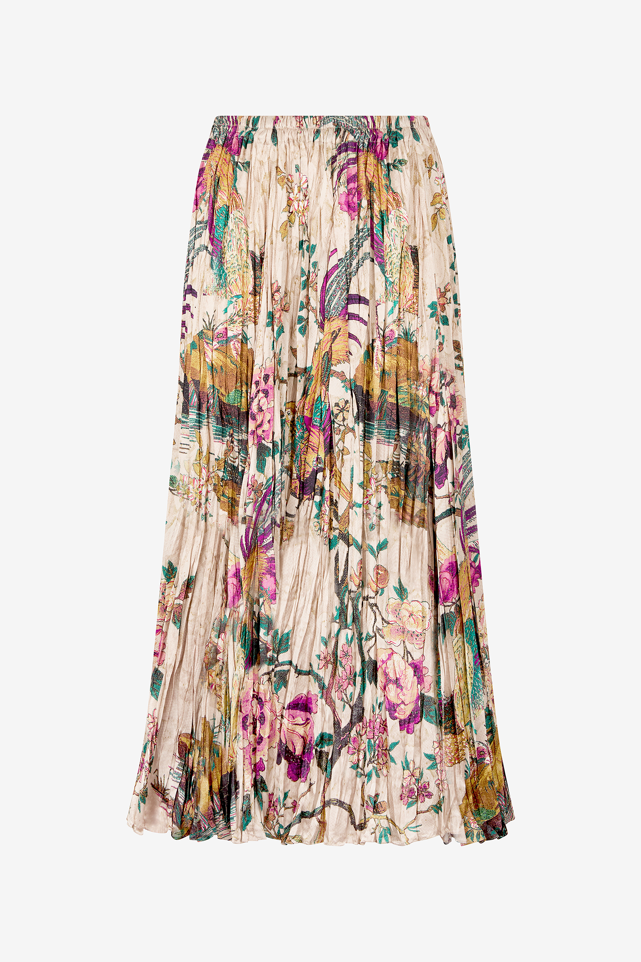 Midi Skirt With Oriental Bird Print