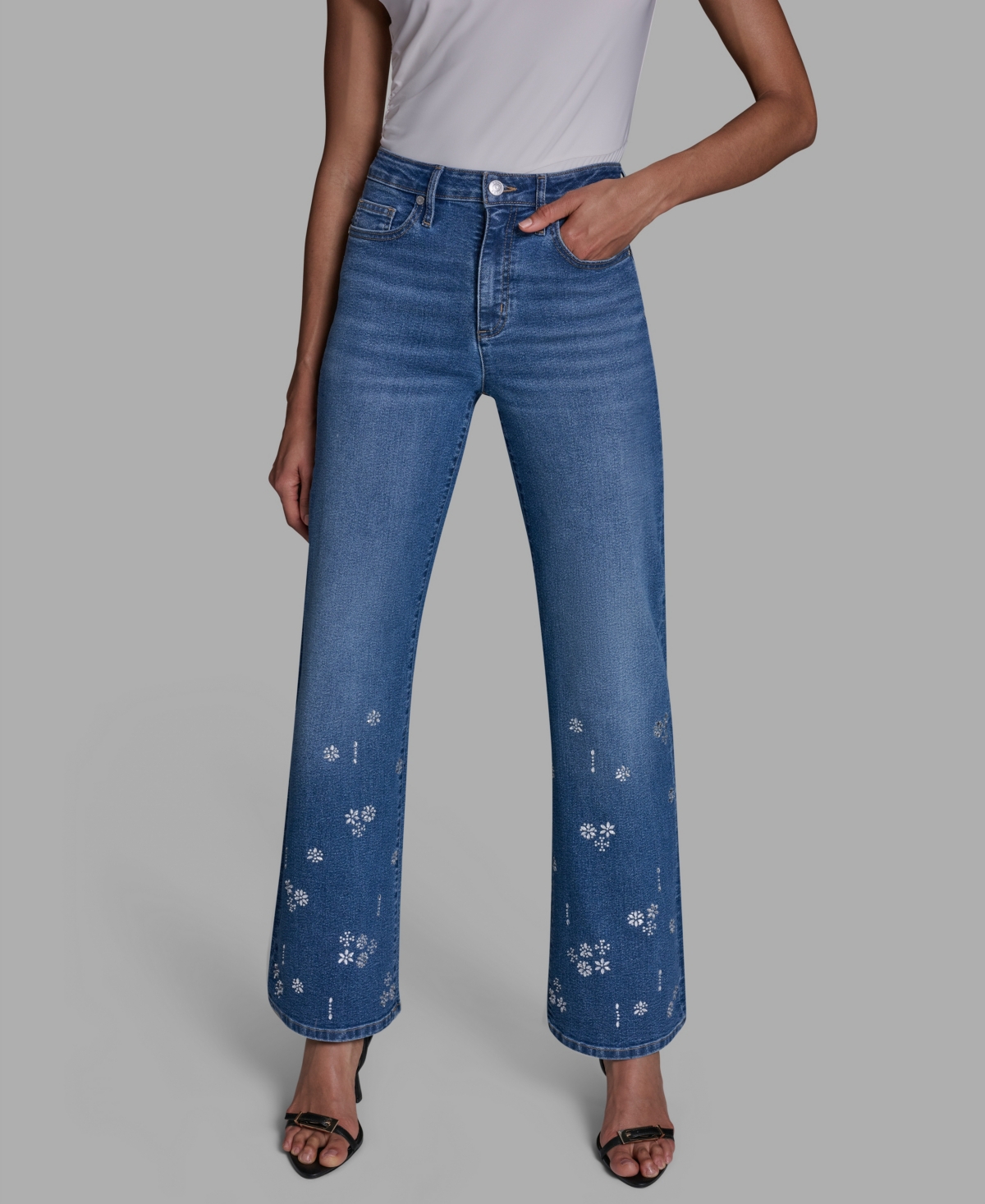 Women's High-Rise Wide-Leg Embellished Jeans - Authentic Denim
