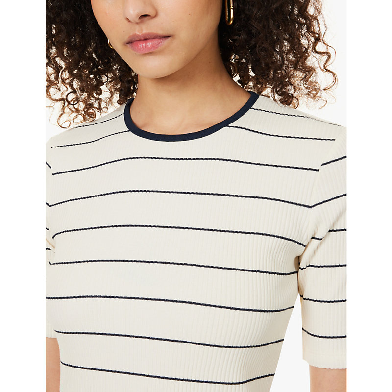 Womens Flaxen Stripe-pattern Round-neck Stretch-cotton T-shirt M