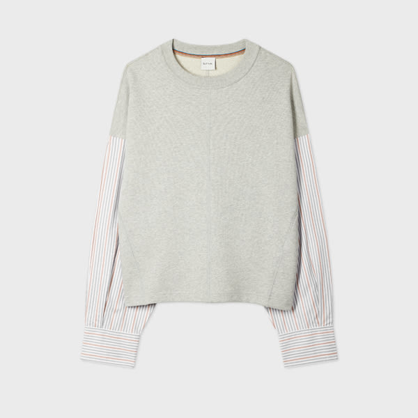 Women's Grey Sweatshirt with Striped Shirt Sleeves
