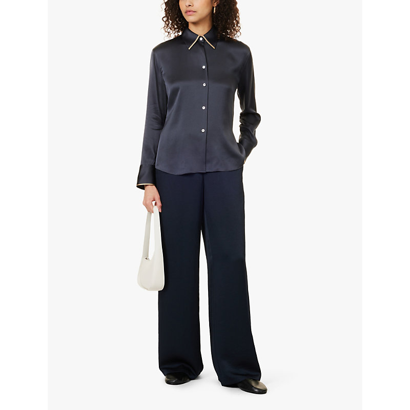 Womens Graphite Contrast-tipping Long-sleeve Silk Shirt S