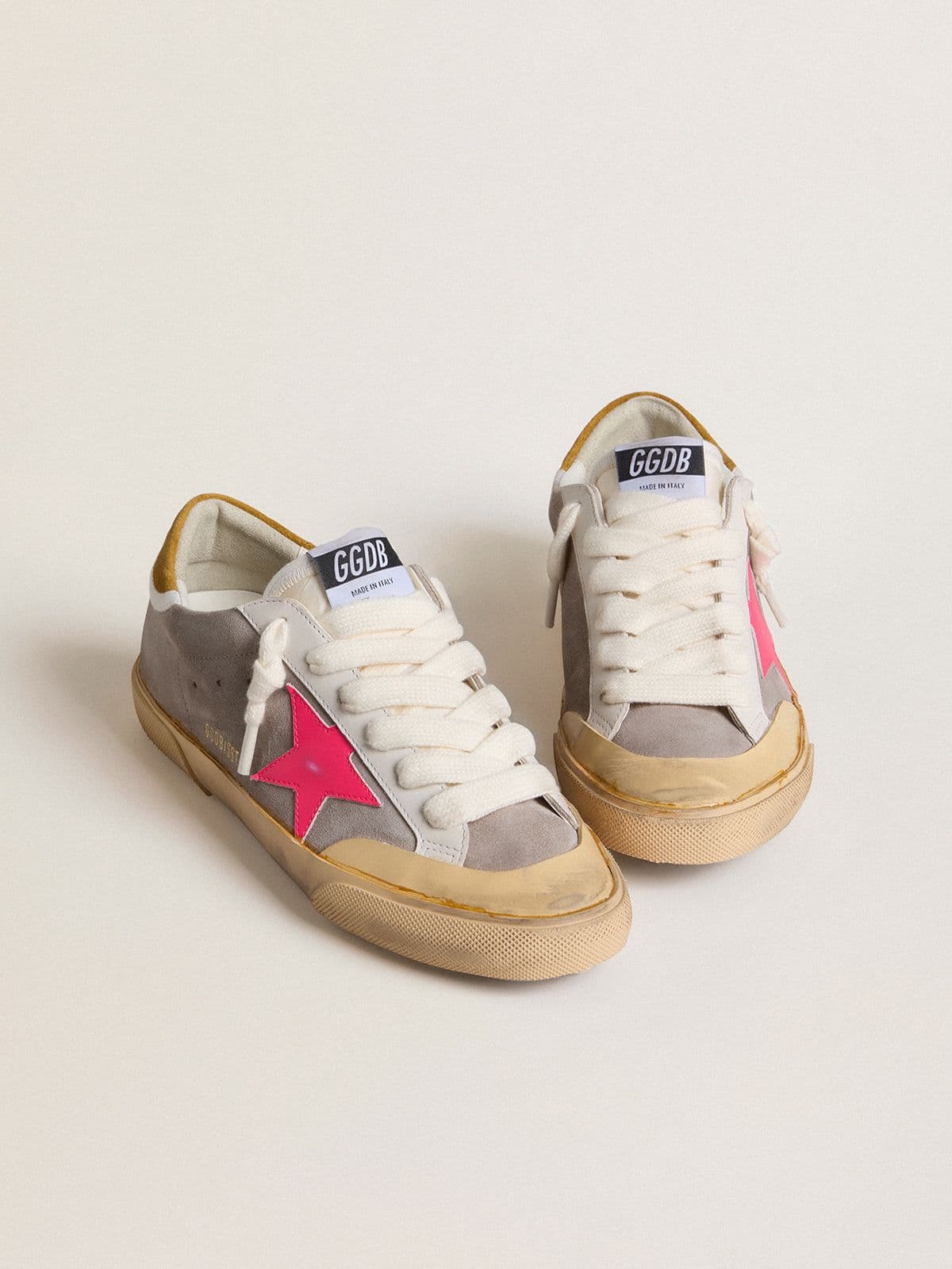 Golden Goose - Women's Super-star In Dove-gray Suede With Fuchsia Leather Star And Ocher Suede Heel Tab, Woman