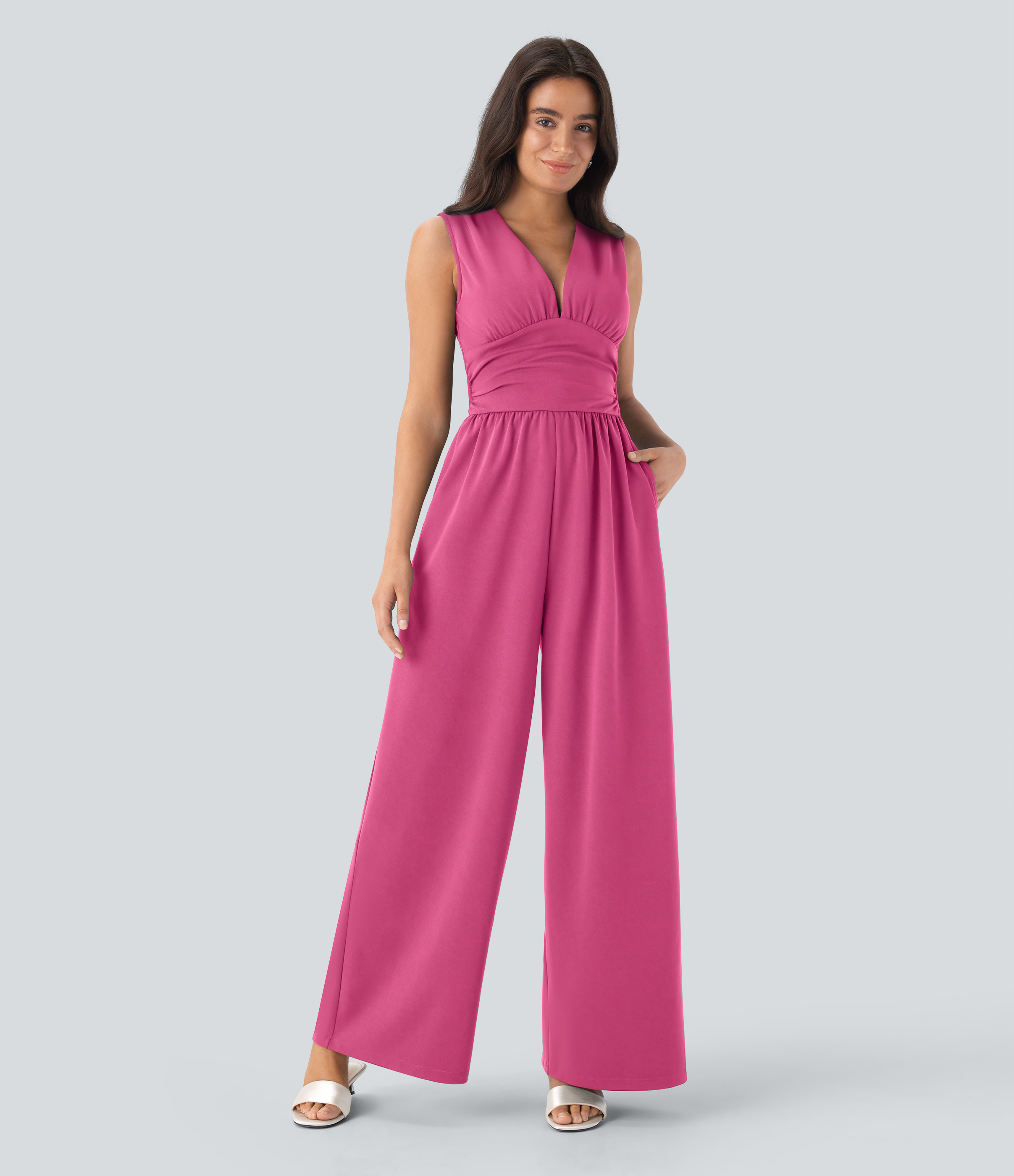 V Neck Sleeveless Ruched Pocket Jumpsuit-Easy Peezy  - Fandango Pink