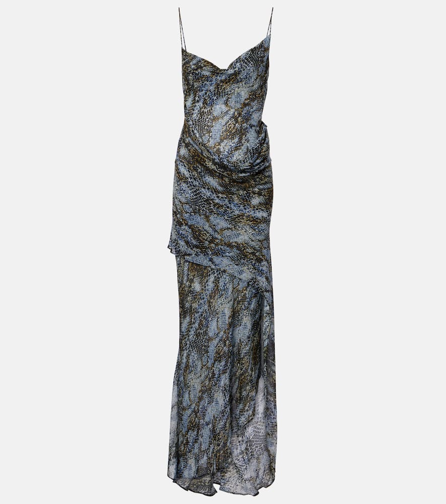 Snake-print draped silk maxi dress