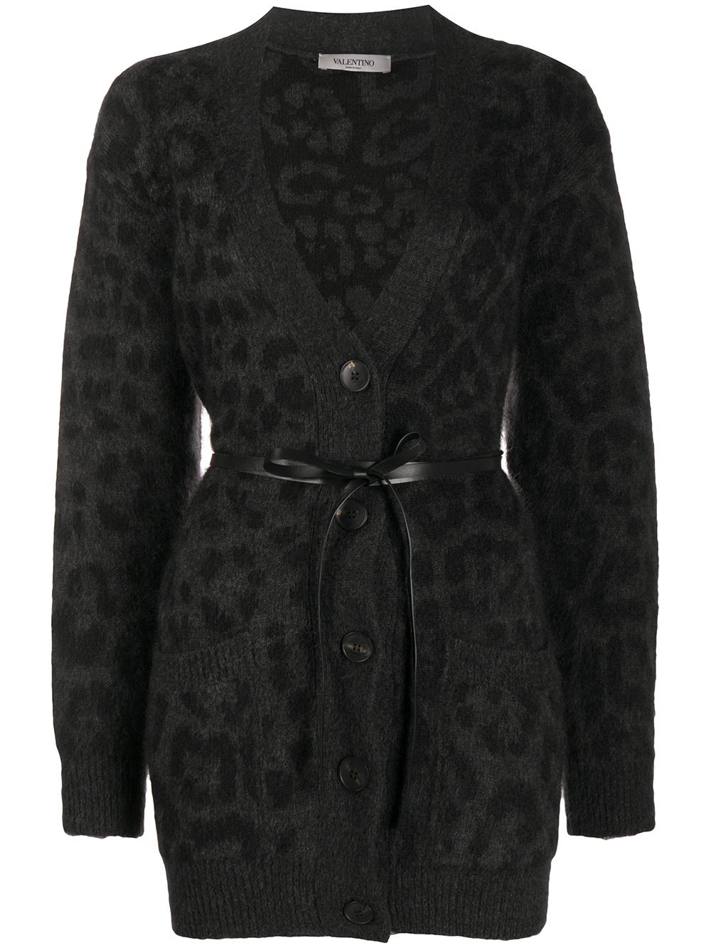 Valentino Garavani leopard pattern belted V-neck cardigan - Grey