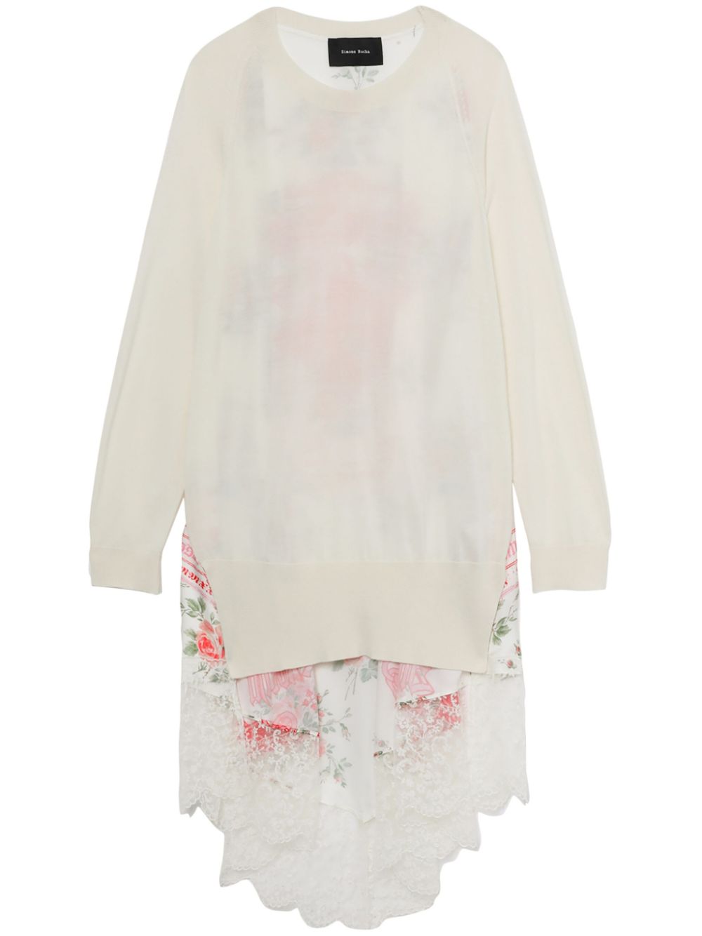 Panelled asymmetric lace-trim top - Black
