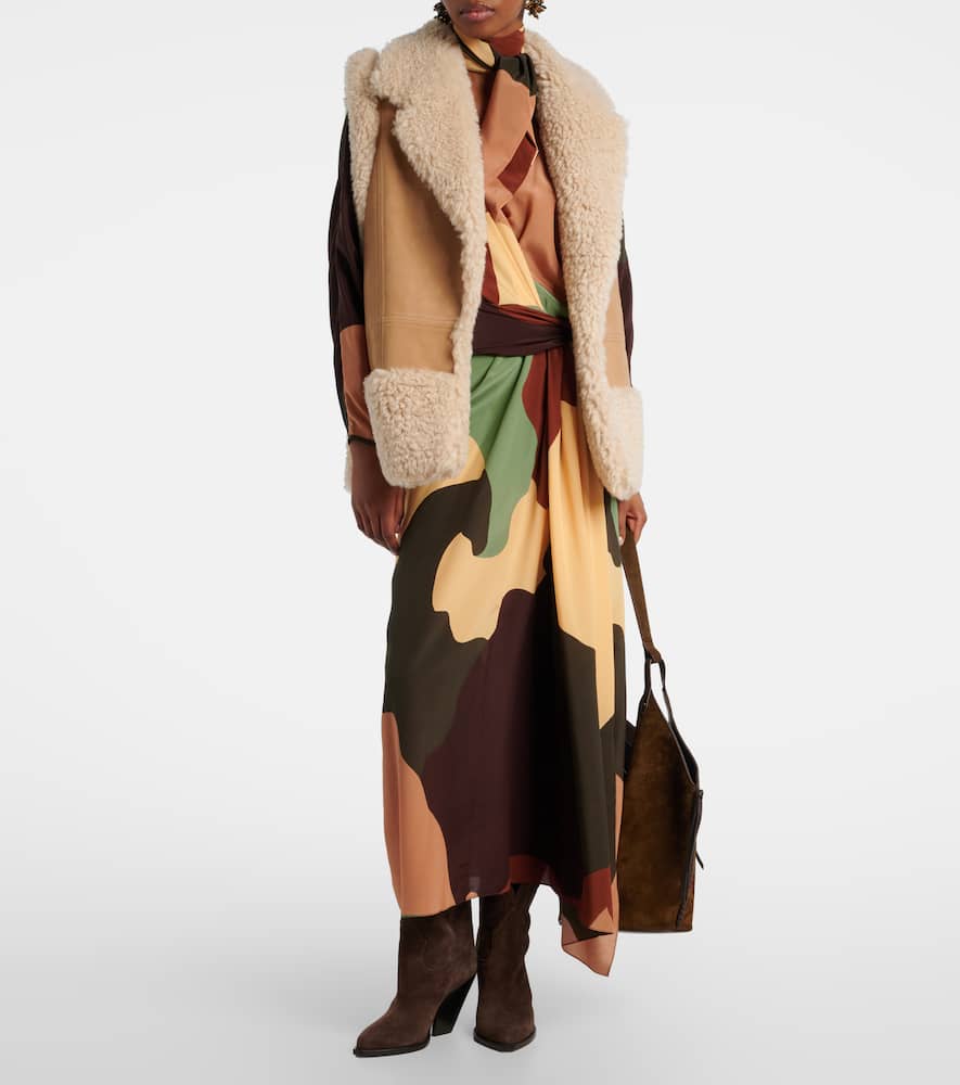 Faux shearling-trimmed suede vest