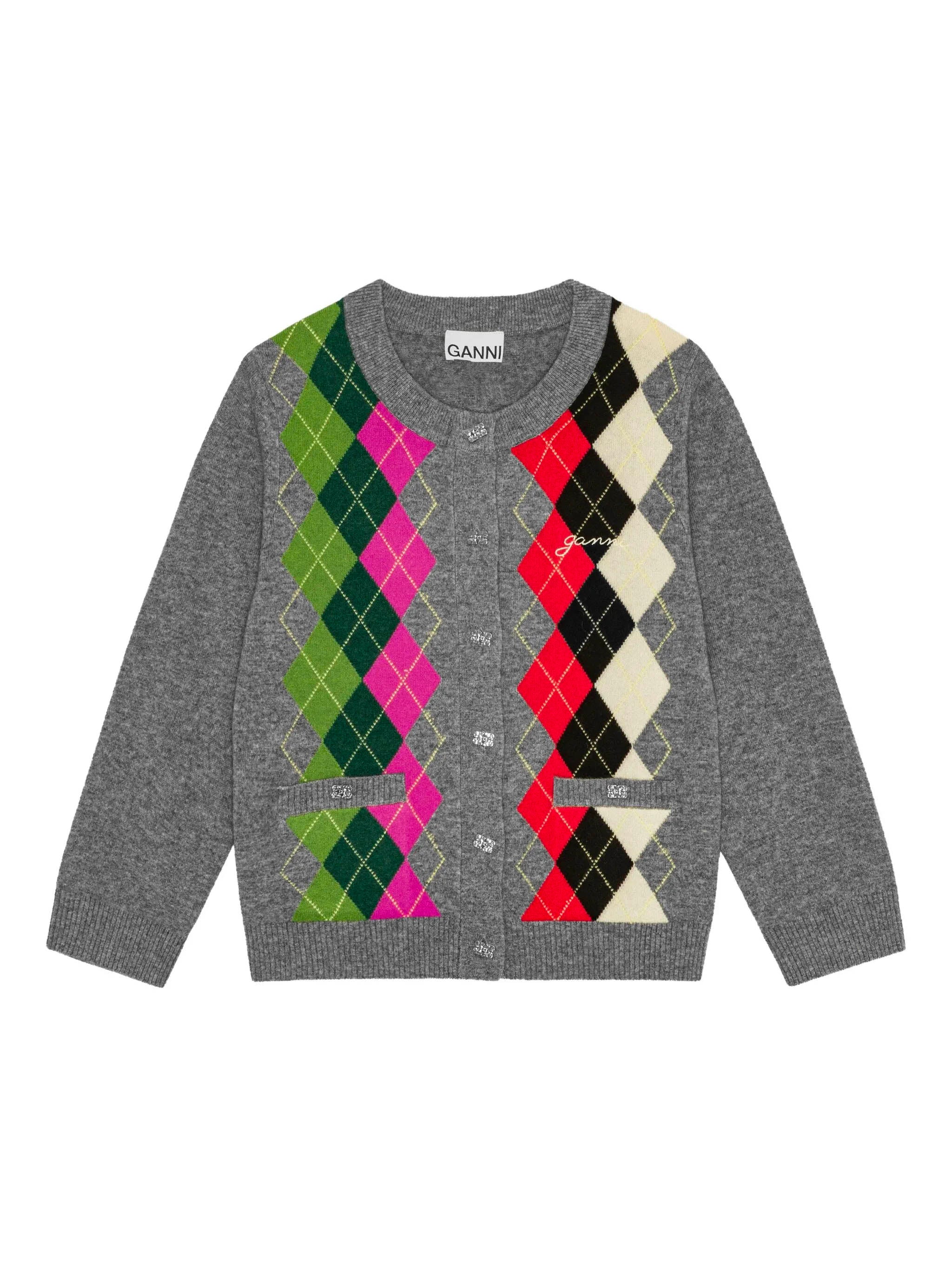 -Style Merino Wool & Cashmere Check Knit Cardigan with Logo Embroidery