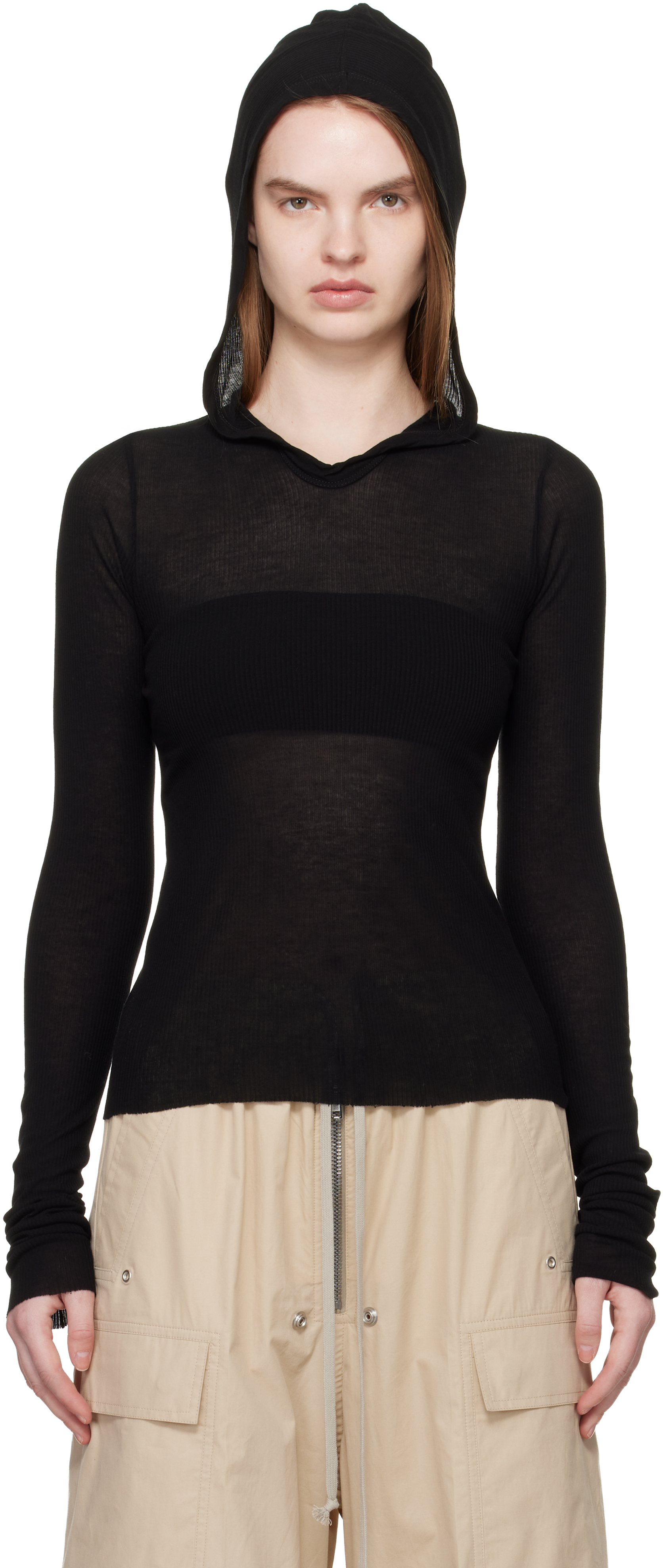 Black Temple Cropped Rib LS Hoodie