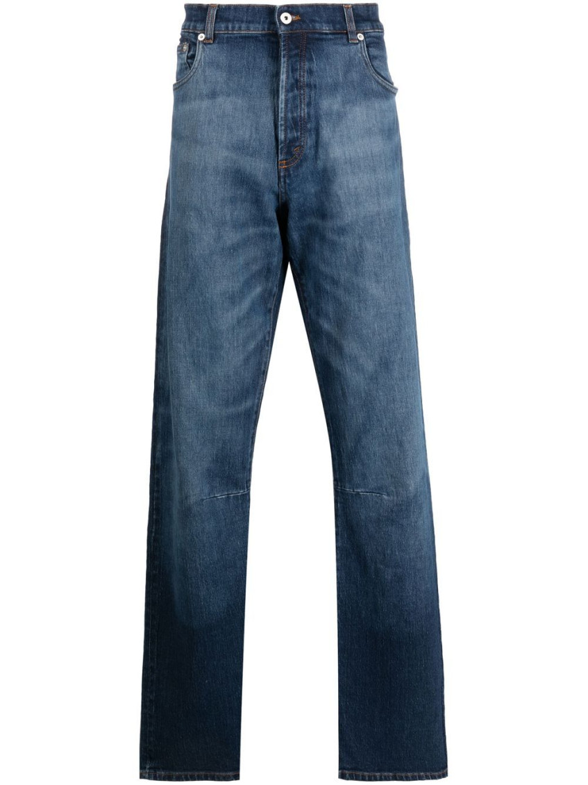 Blue Denim Straight Leg Jeans With Logo Patch In Cotton Man