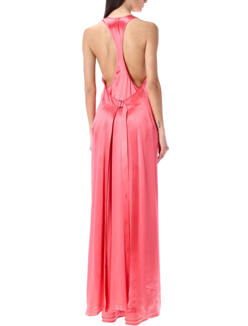 Maxi Pink Dress With Halter Neck Cut In The Back And Logo Ribbons In Viscose Satin Woman