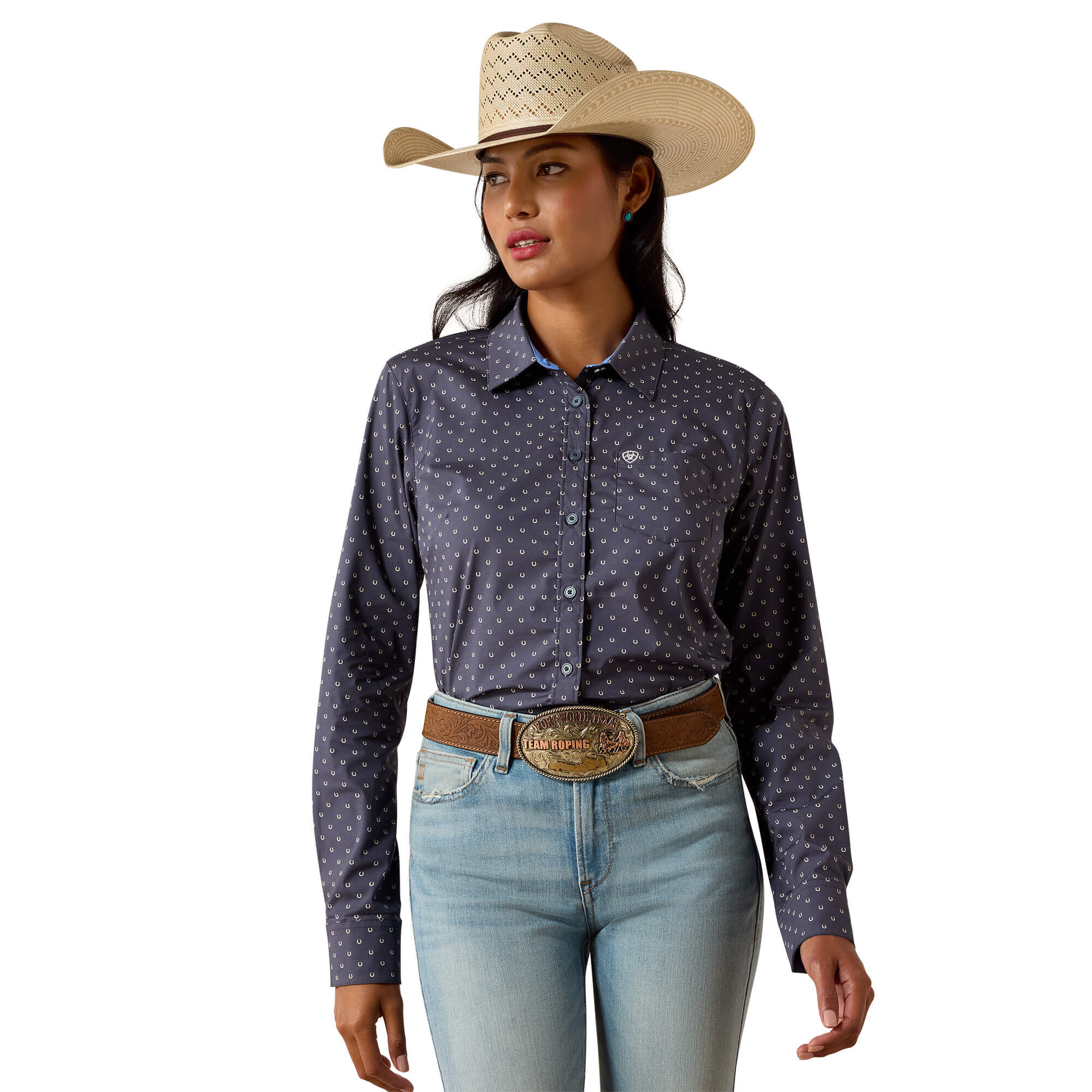 Women's Kirby Stretch Western Shirt Long Sleeve in Ombre Blue Horseshoe Cotton, Size 2X-Large, by