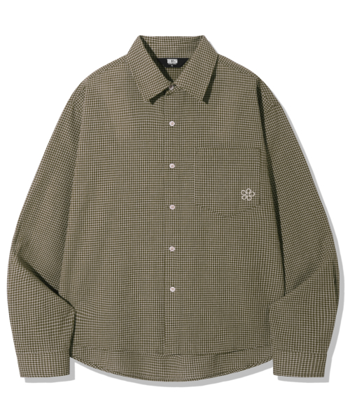 Flower Embroidery Crop Check Shirt_Khaki
