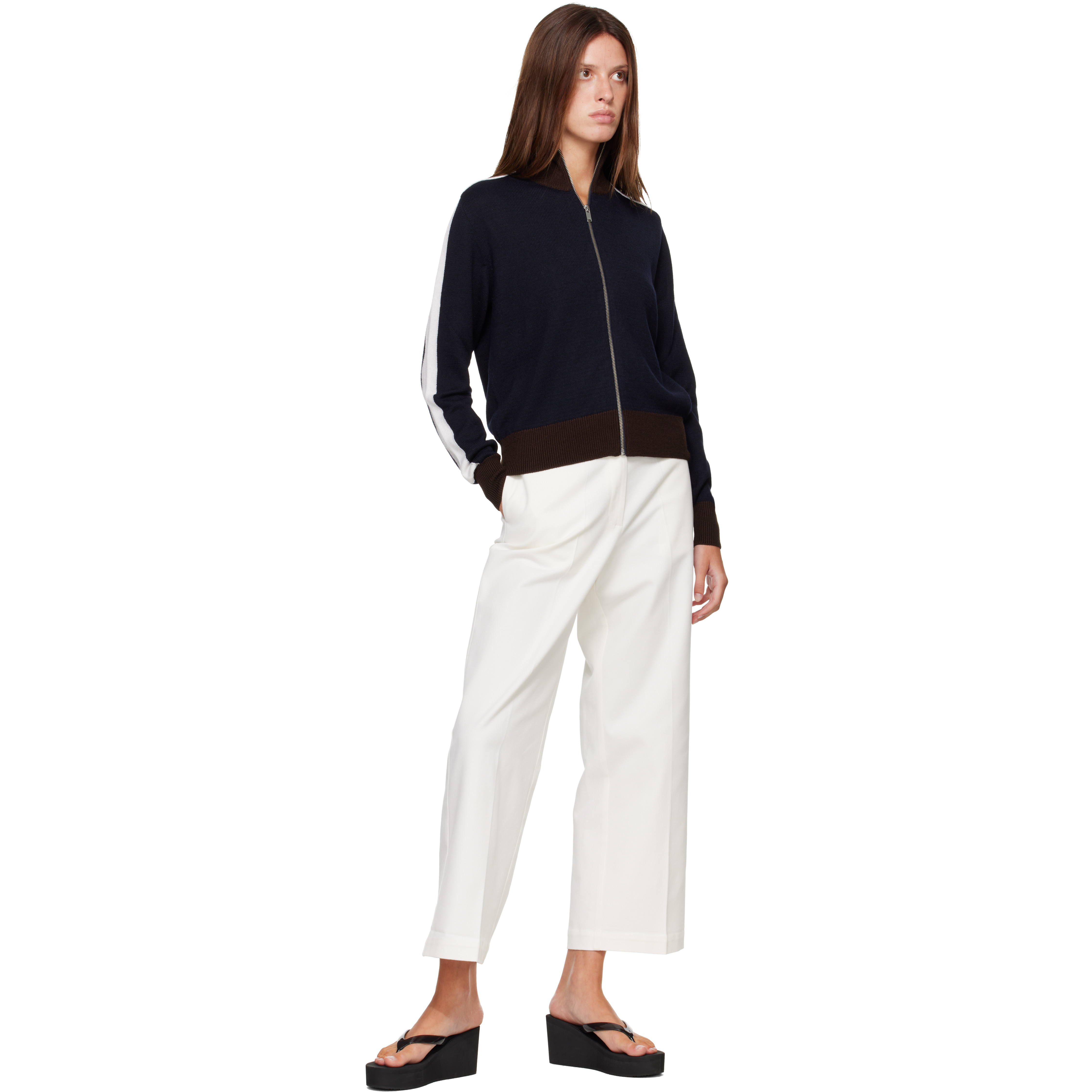 Navy & Brown Extrafine Merino Wool Sporty Cardigan