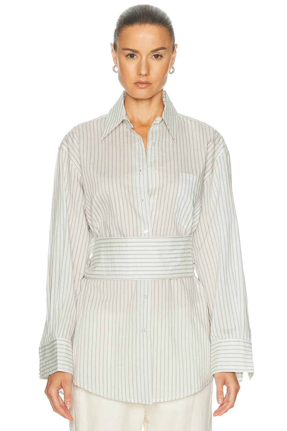 Rohe Silk Belted Top in Fine Stripe - White. 36 also , 38