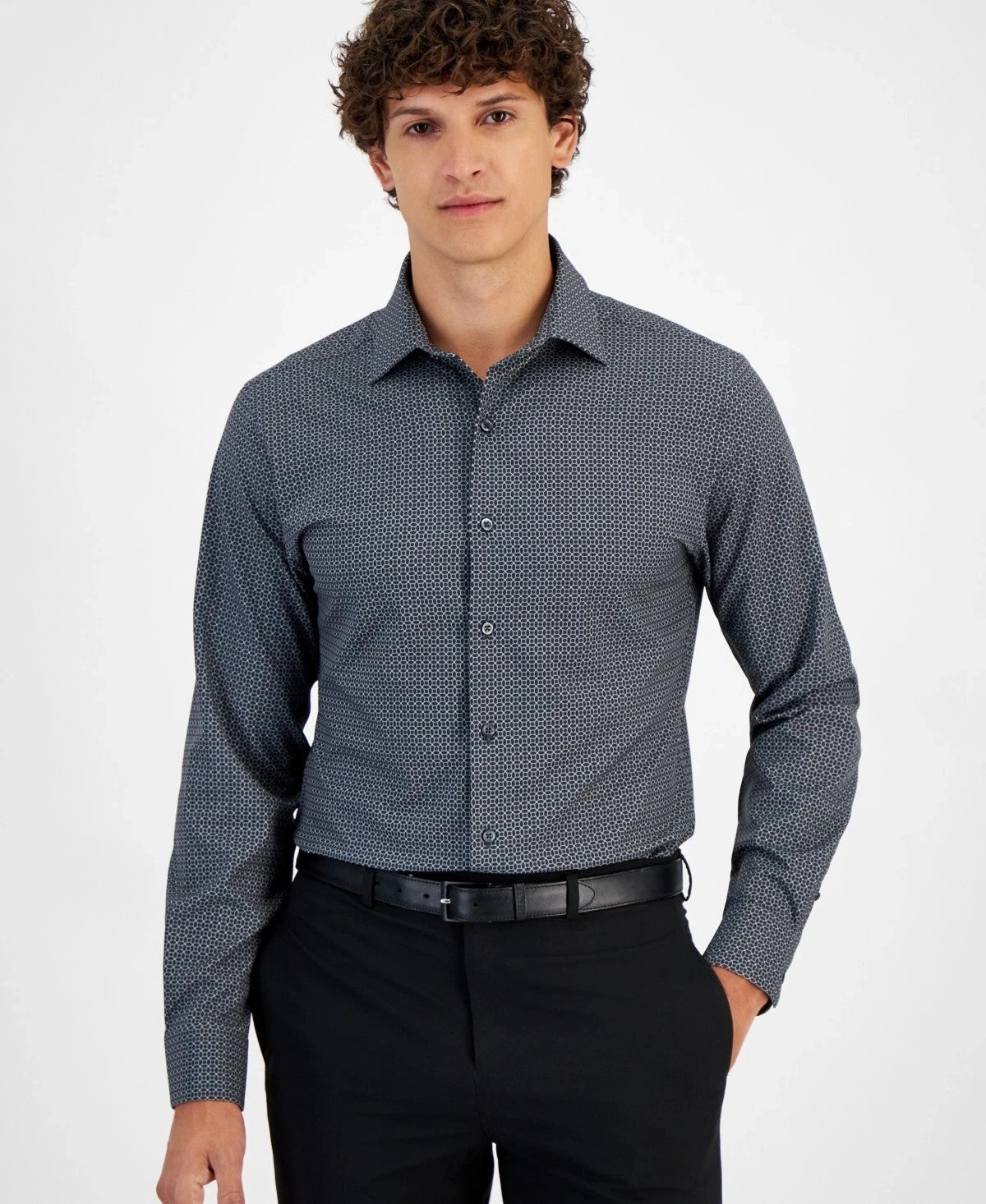 Dress Shirt Mens Charcoal Medallion Stretch Slim Fit FTS283