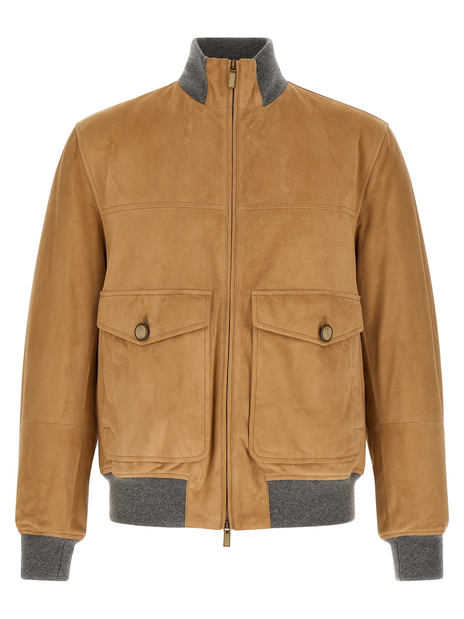 Suede Bomber with Knit Trim Jacket — Camel