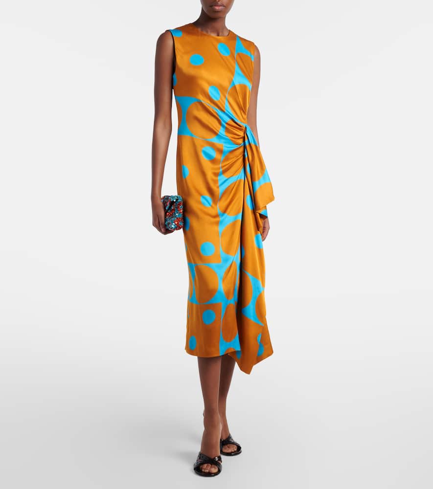 Draped printed satin midi dress