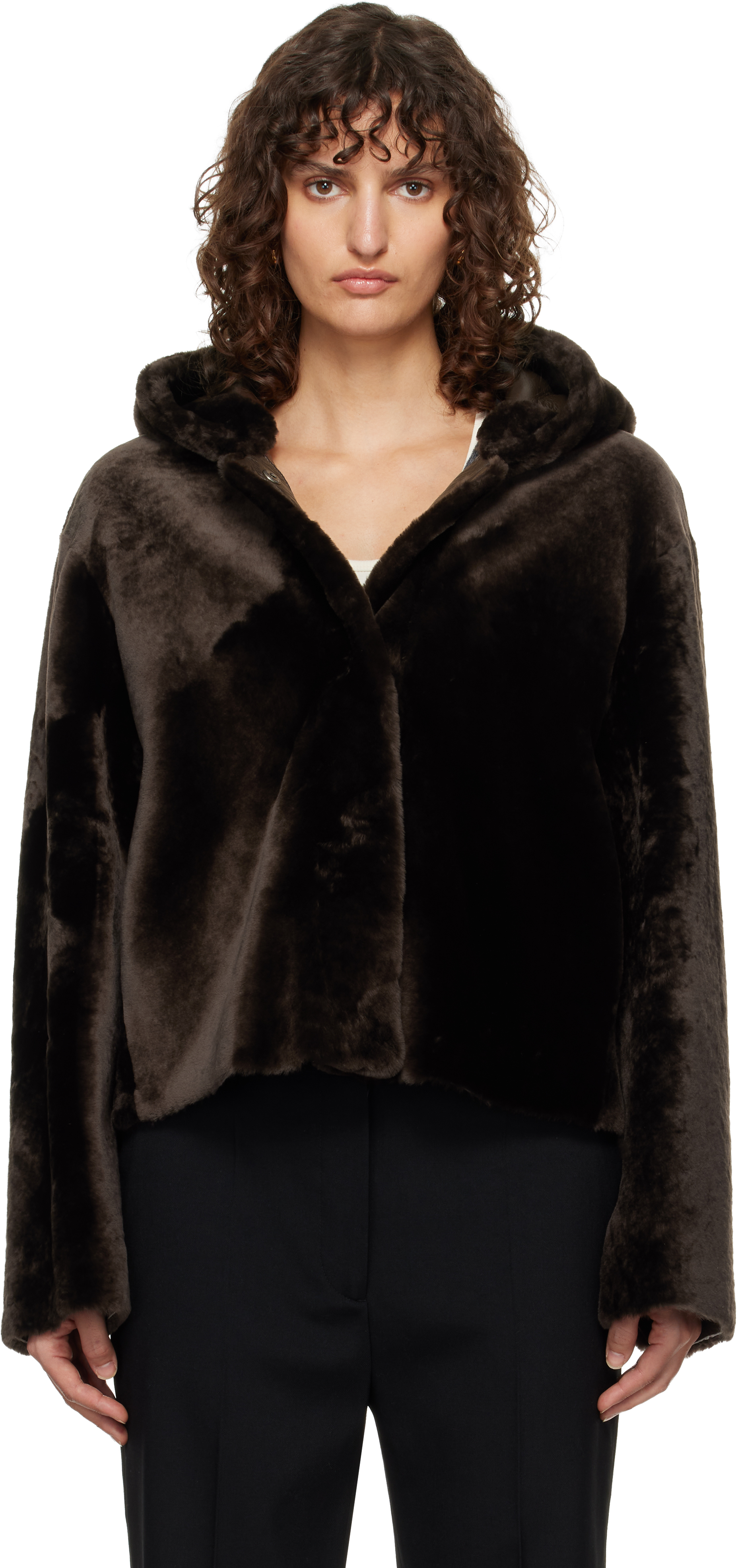 Brown Cooper Hooded Curly Shearling Jacket