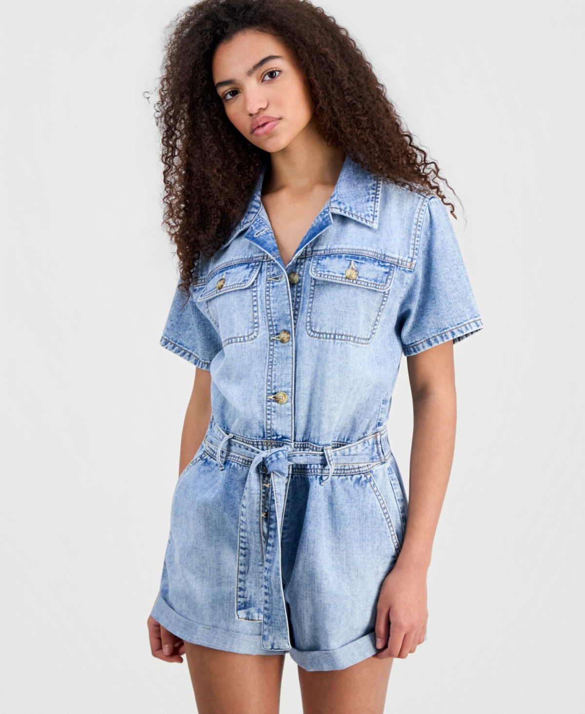 Juniors' Denim Short-Sleeve Romper - Selwyn