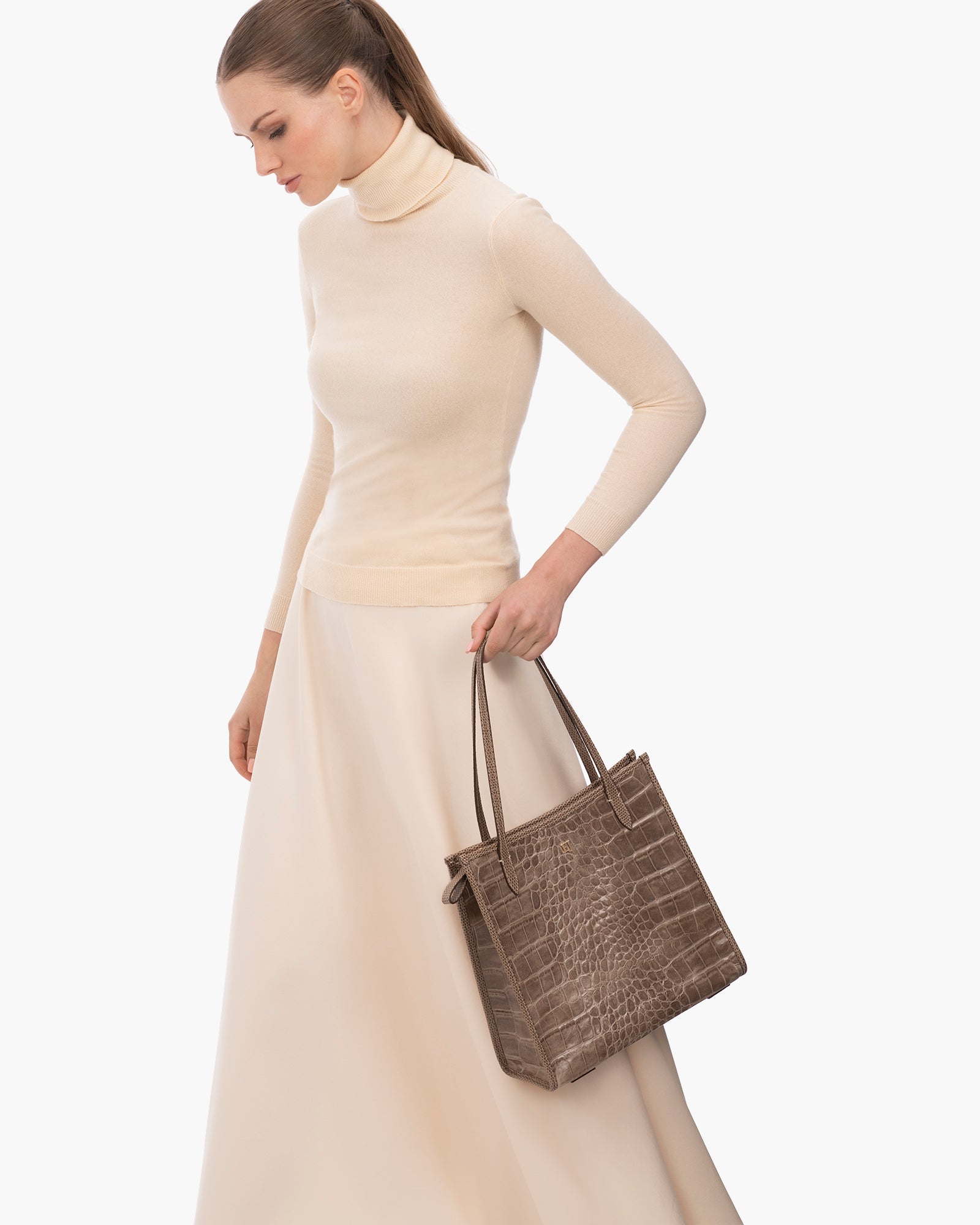 Baxter Embossed Leather Shoulder Bag for Women - Taupe, Zip Top Closure, Outer Pocket