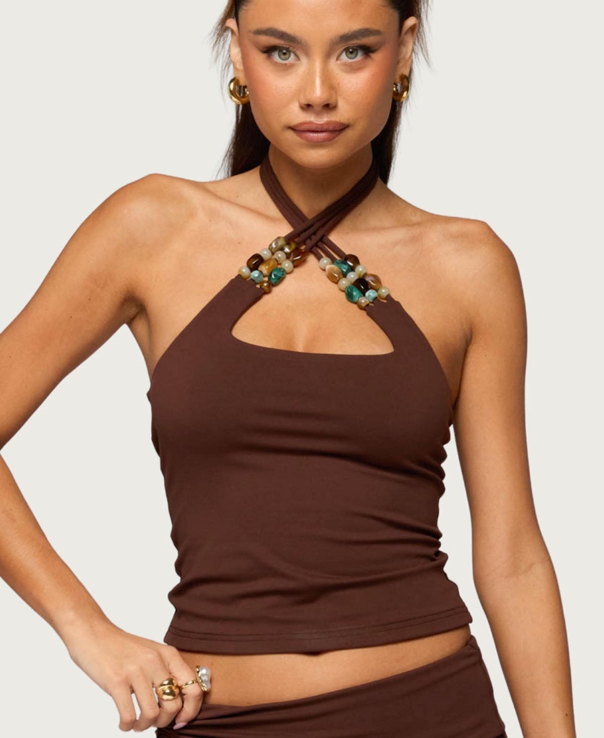 Women's Thia Bead Halter Top - Dark-brown