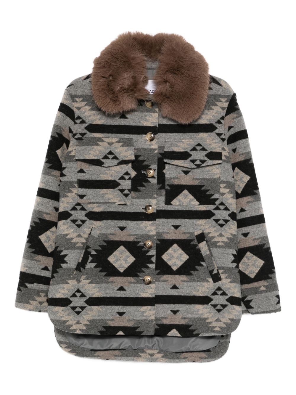 Boxy Short Coat With Geometric Tribal Pattern And Oversized Fur Collar