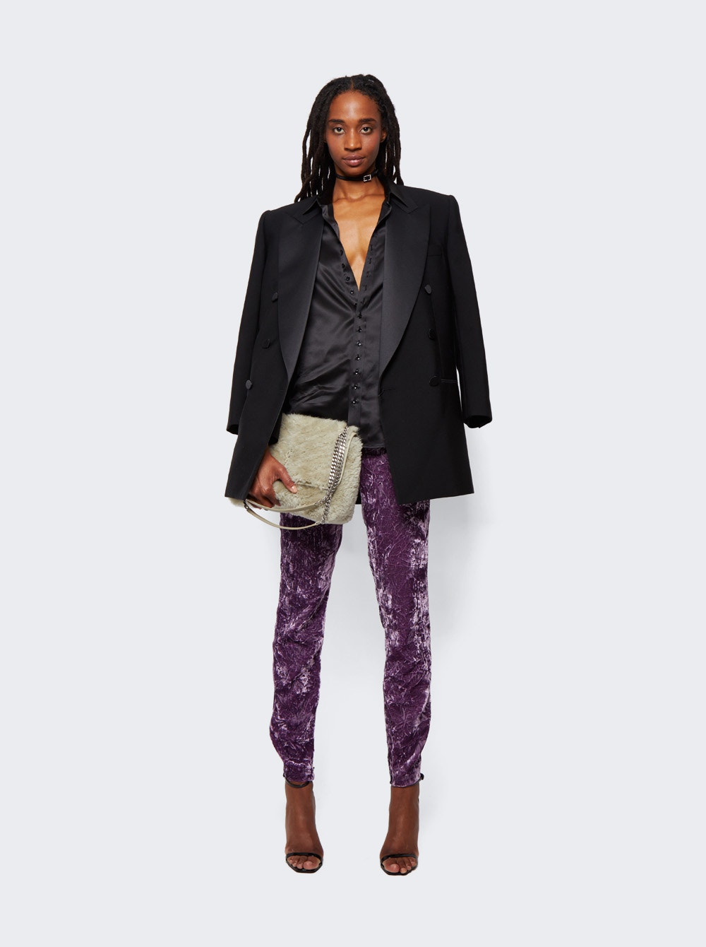 Velvet-effect slim-cut trousers - Purple