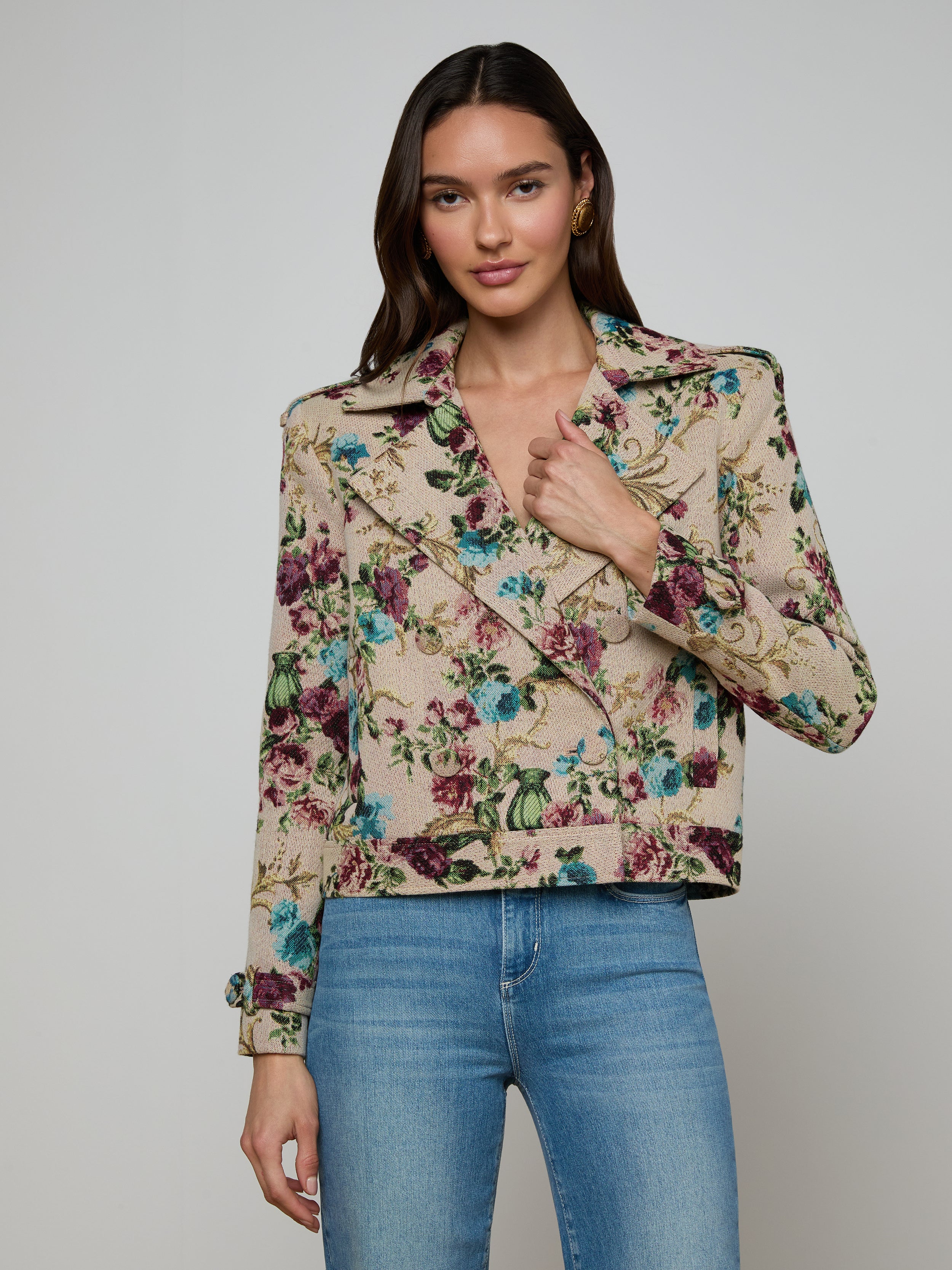 Xoey Cropped Trench Coat In Multi Floral Tapestry
