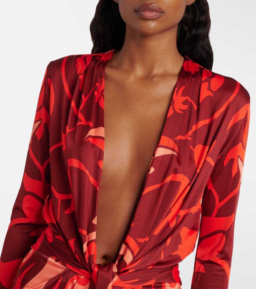 Gathered printed jersey midi dress