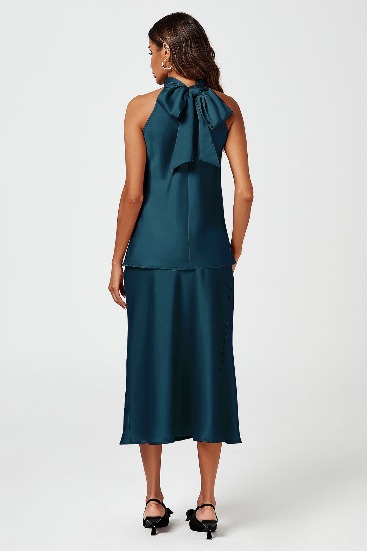 FS Collection Women's High Neck Sleeveless Satin Blouse Top in Teal | : Sma