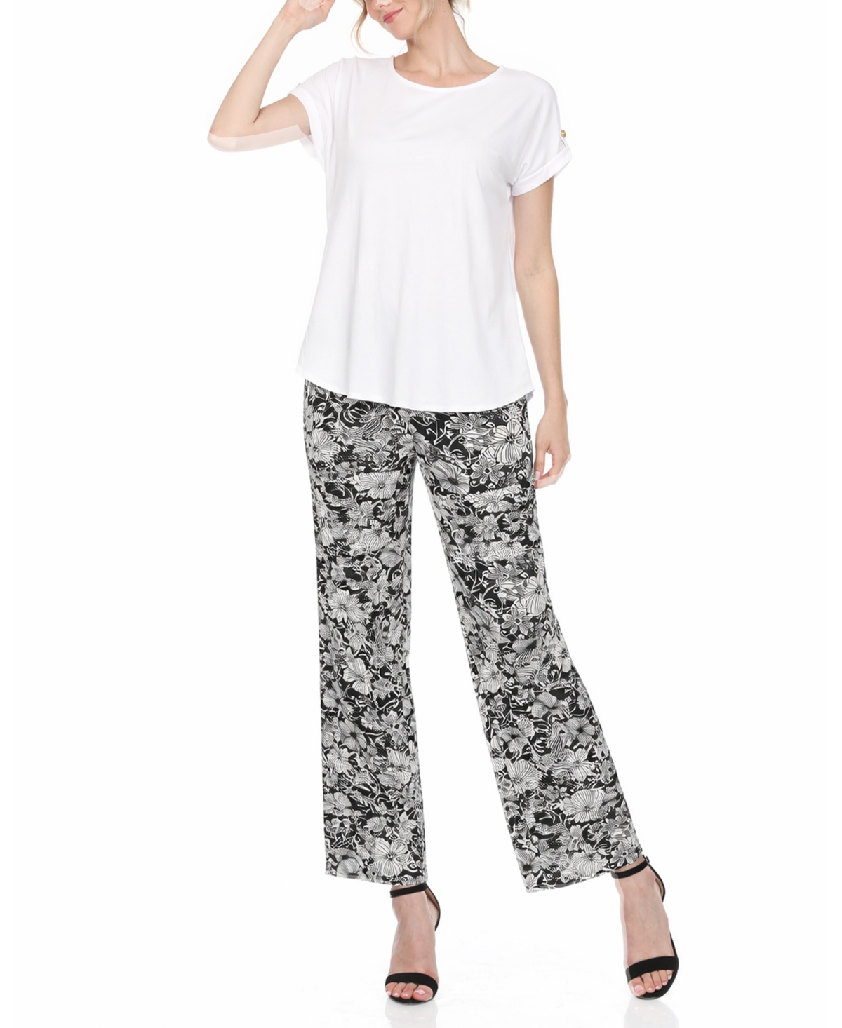 Women's Folded-Sleeve Top and Printed Pant Two-Piece Set - White
