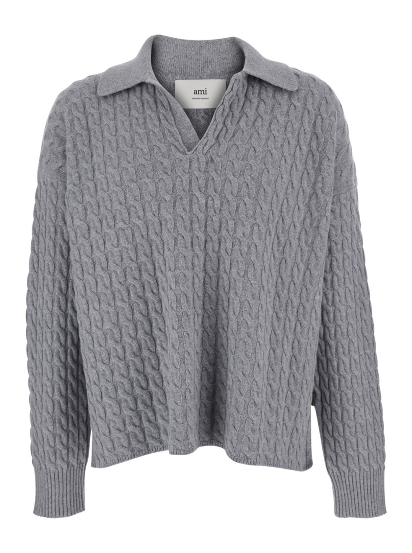 Grey Knitted Shirt Collar Sweater