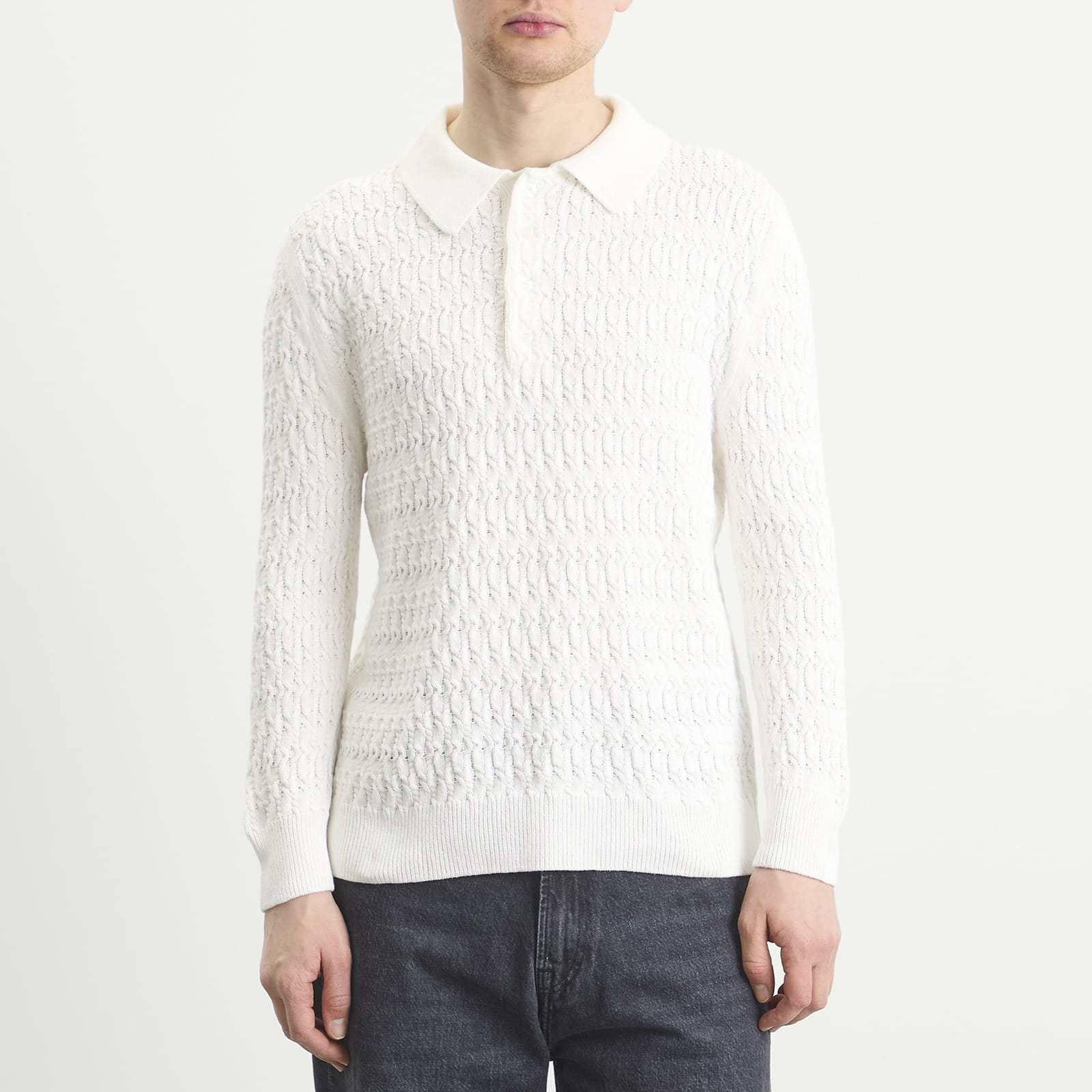 Men's Cable Polo Sweater in Cream