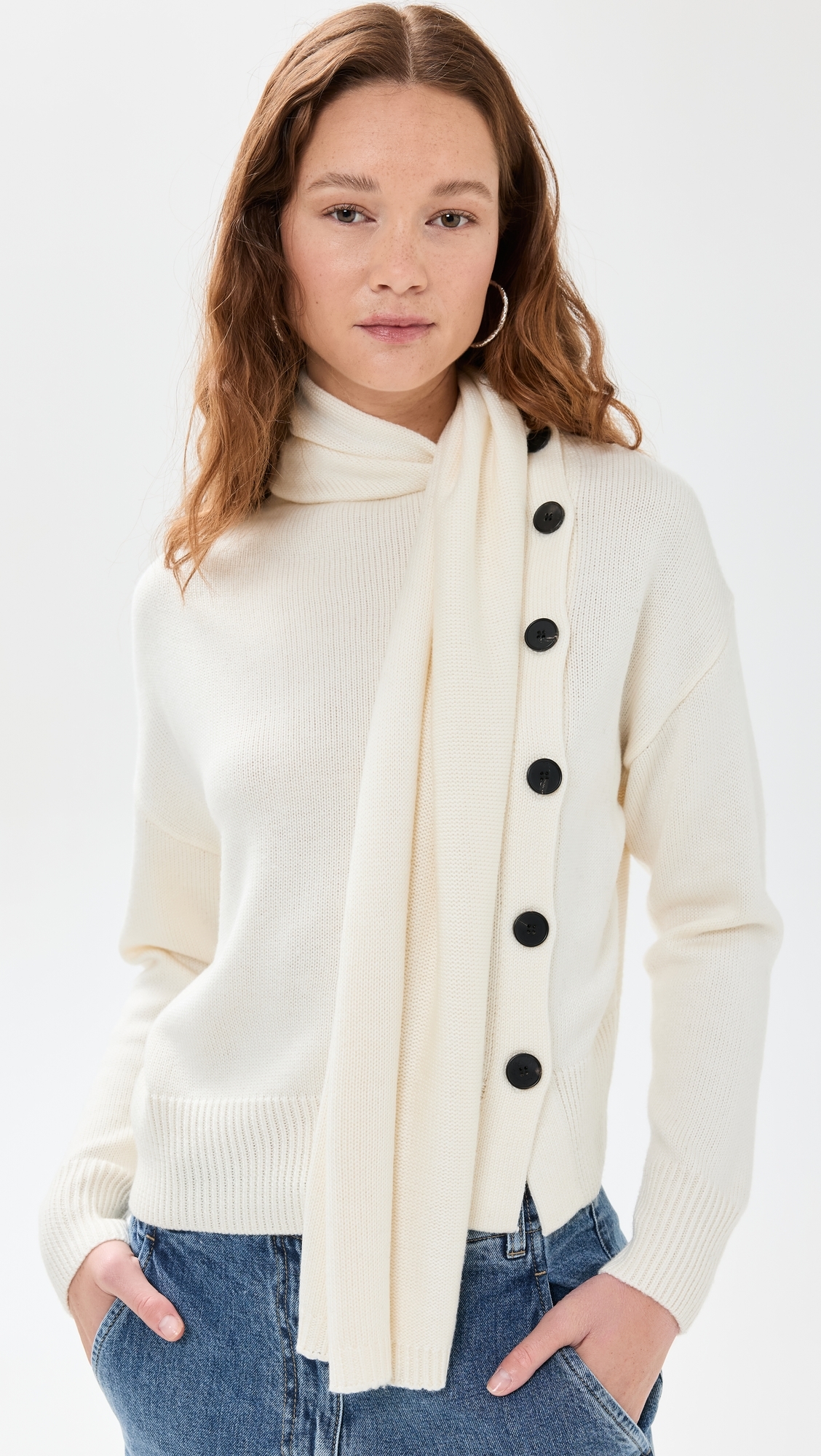 Neck Scarf Asymmetric Button Sweater Ivory