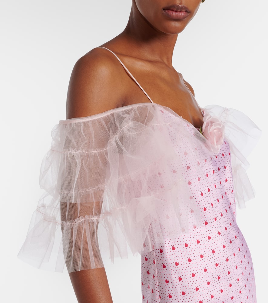 Floral-appliqué printed silk slip dress