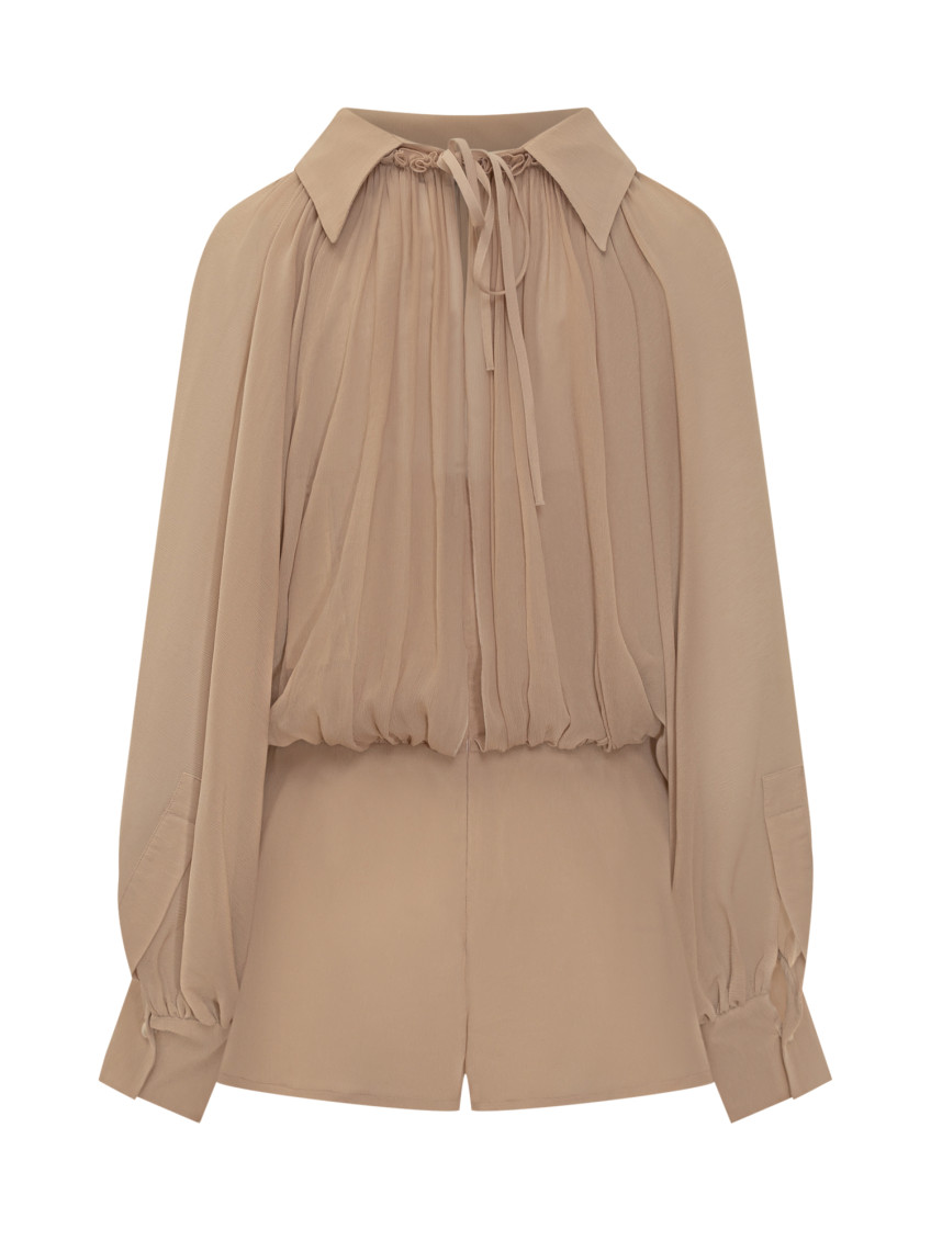 Beige Solid Shirt Collar Jumpsuit